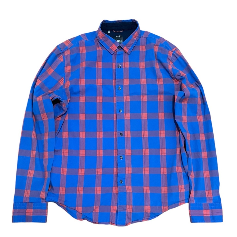Under Armour Long Sleeve Button Up Blue Peach Purple Plaid Shirt XL Extra Large